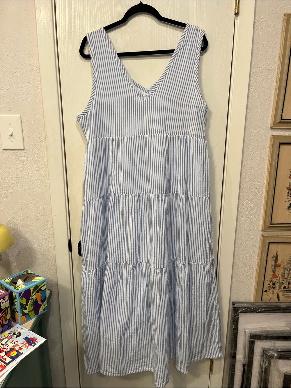 Quince 100% Organic Cotton Gauze Tiered Maxi Dress Blue & White Stripe Large - Picture 7 of 7